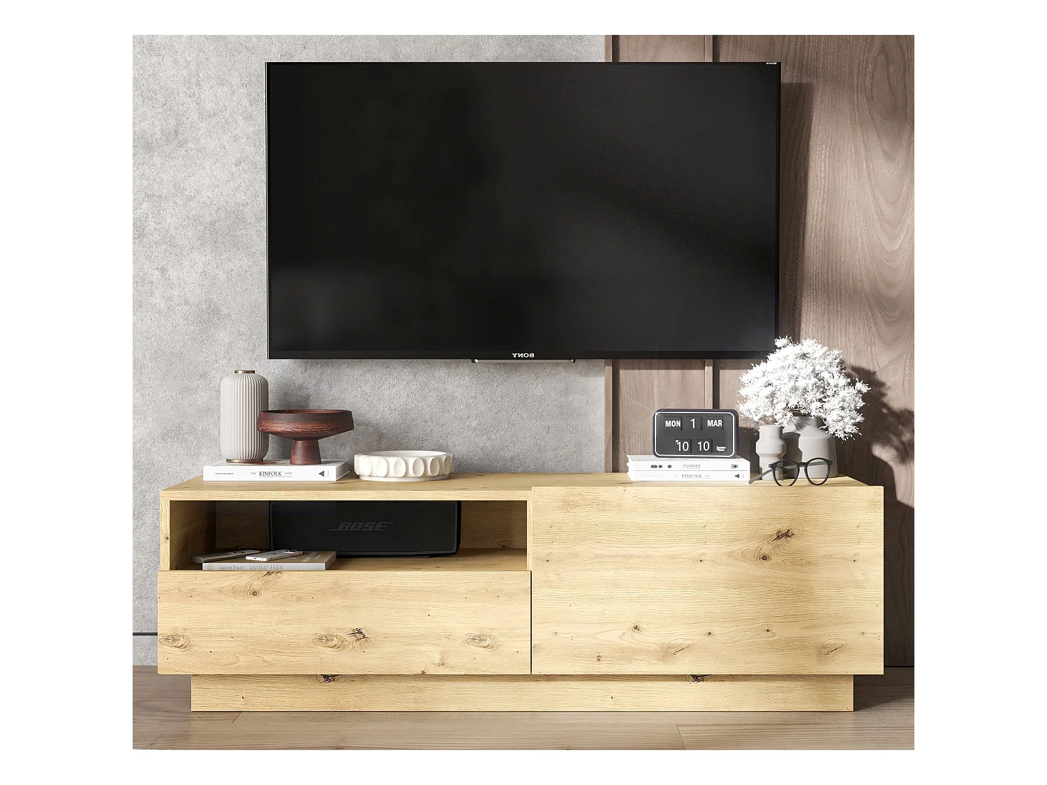 Meuble TV avec 1 portes et niche, tiroir - corps Chêne artisanal mat, façades Chêne artisanal mat - 120 cm, sur socle