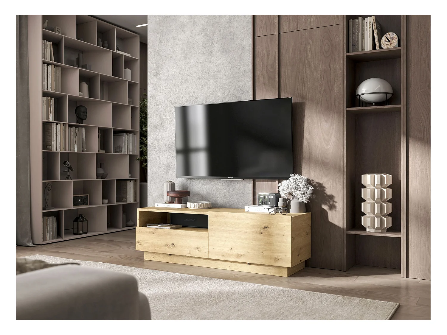 Meuble TV avec 1 portes et niche, tiroir - corps Chêne artisanal mat, façades Chêne artisanal mat - 120 cm, sur socle