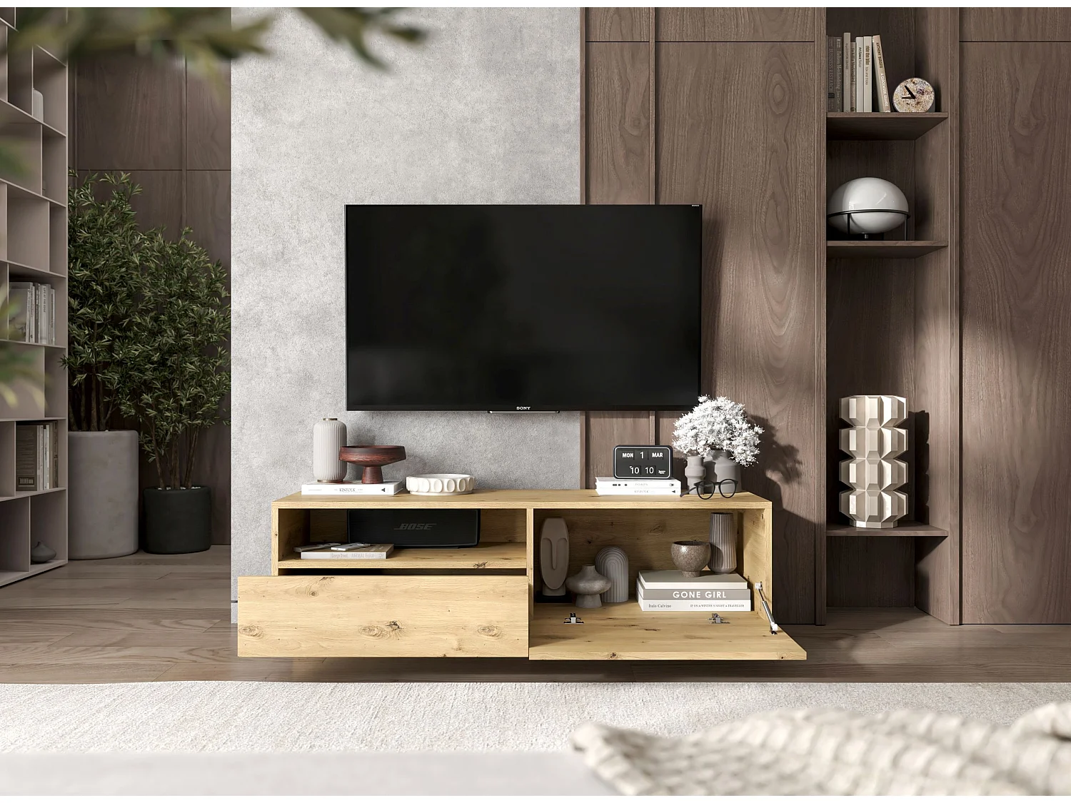 Meuble TV avec 1 portes et niche, tiroir - corps Chêne artisanal mat, façades Chêne artisanal mat - 120 cm, sur socle