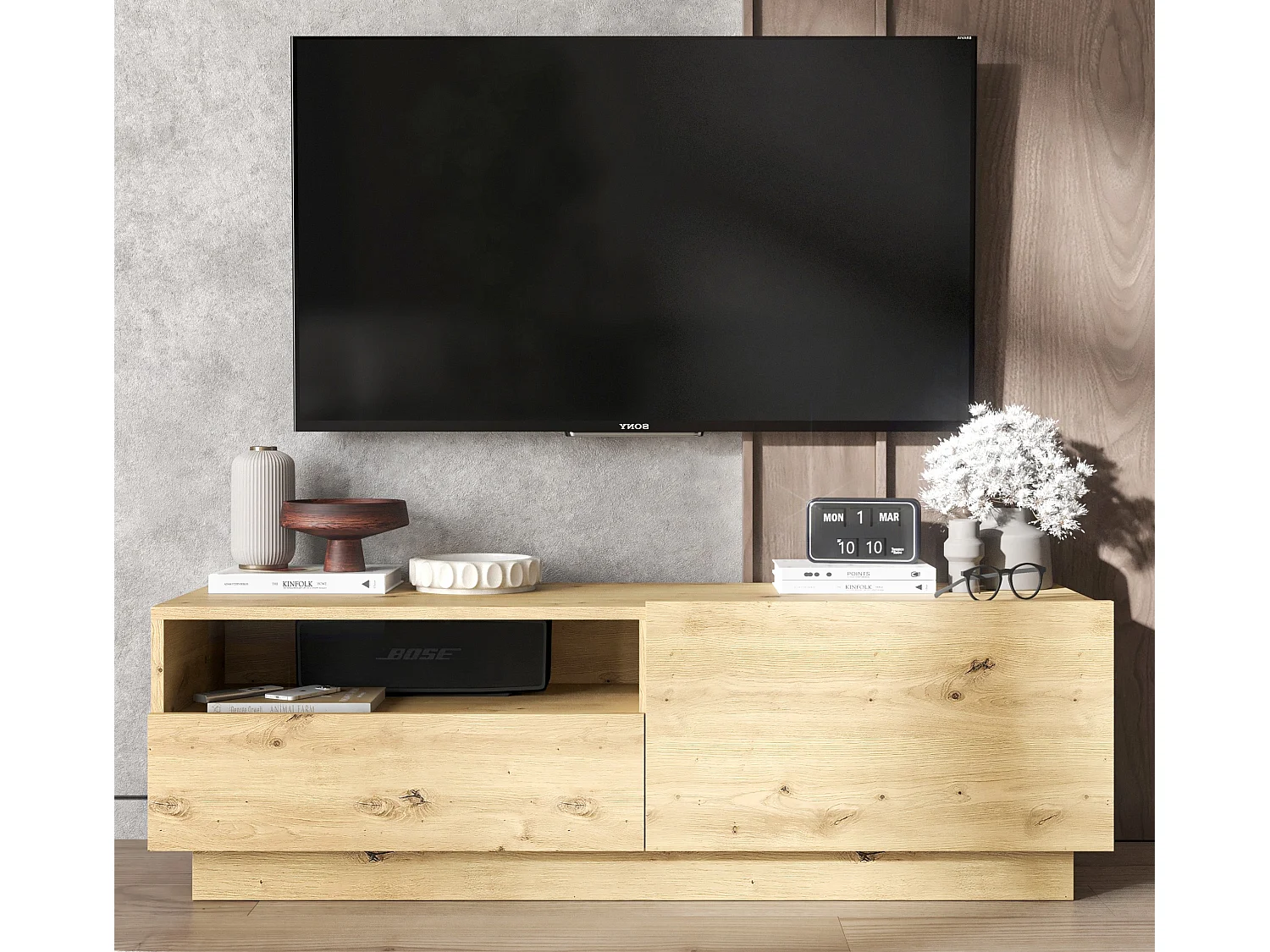 Meuble TV avec 1 portes et niche, tiroir - corps Chêne artisanal mat, façades Chêne artisanal mat - 120 cm, sur socle