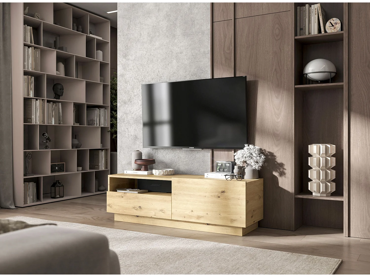 Meuble TV avec 1 portes et niche, tiroir - corps Chêne artisanal mat, façades Chêne artisanal mat - 120 cm, sur socle