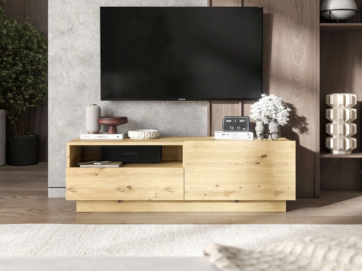 TV-meubel met 1 deur en open vak, lade - корпус artisan eiken mat, fronten artisan eiken mat - 120 cm, op sokkel