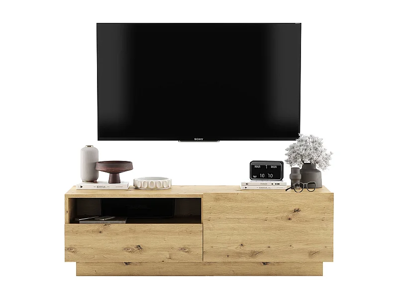 Meuble TV avec 1 portes et niche, tiroir - corps Chêne artisanal mat, façades Chêne artisanal mat - 120 cm, sur socle