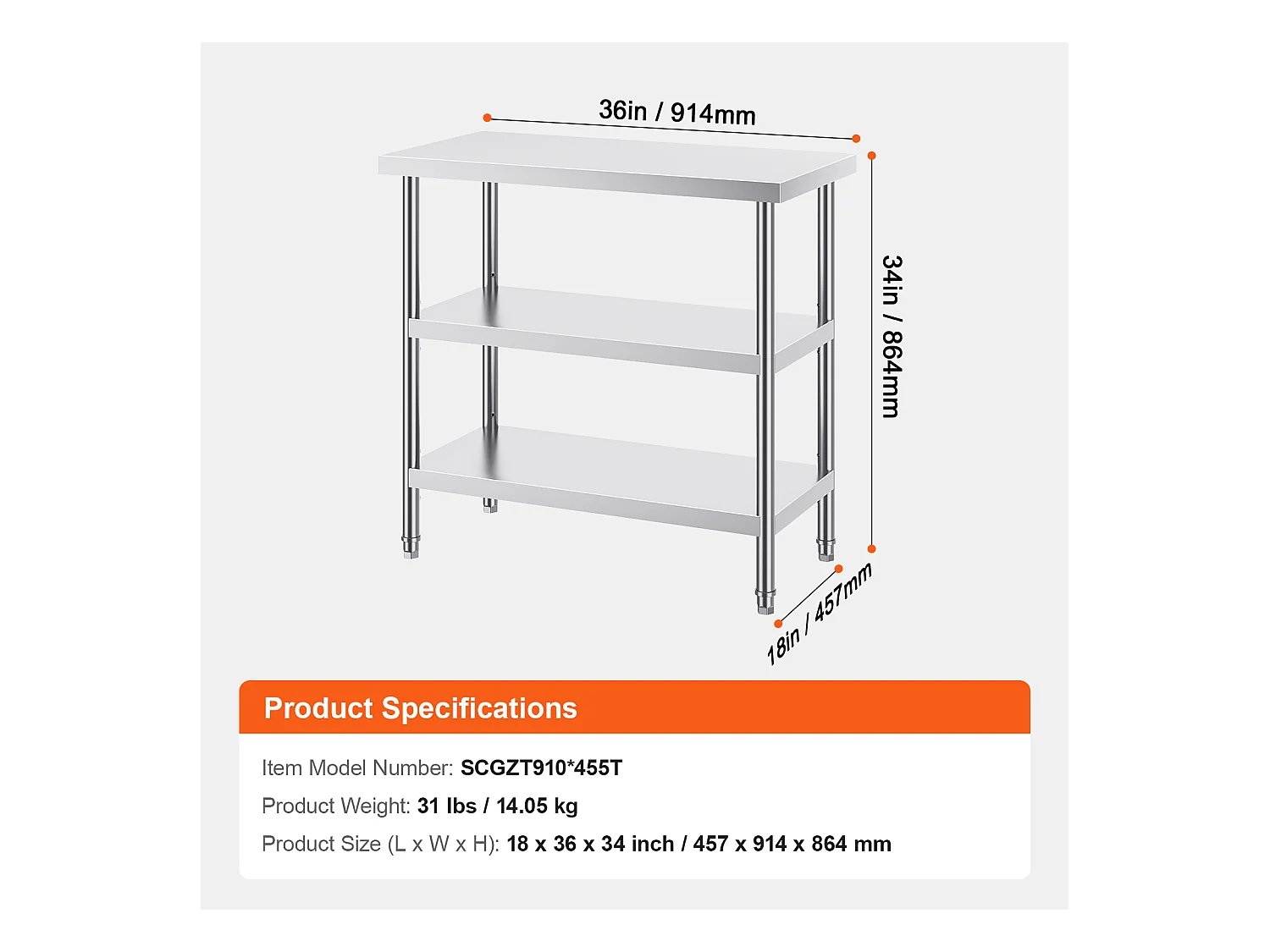 Table de Travail SucceBuy Table de Préparation des Aliments en Acier Inoxydable 45.7 x 91.4 cm pour Cuisine Table de Travail Commerciale