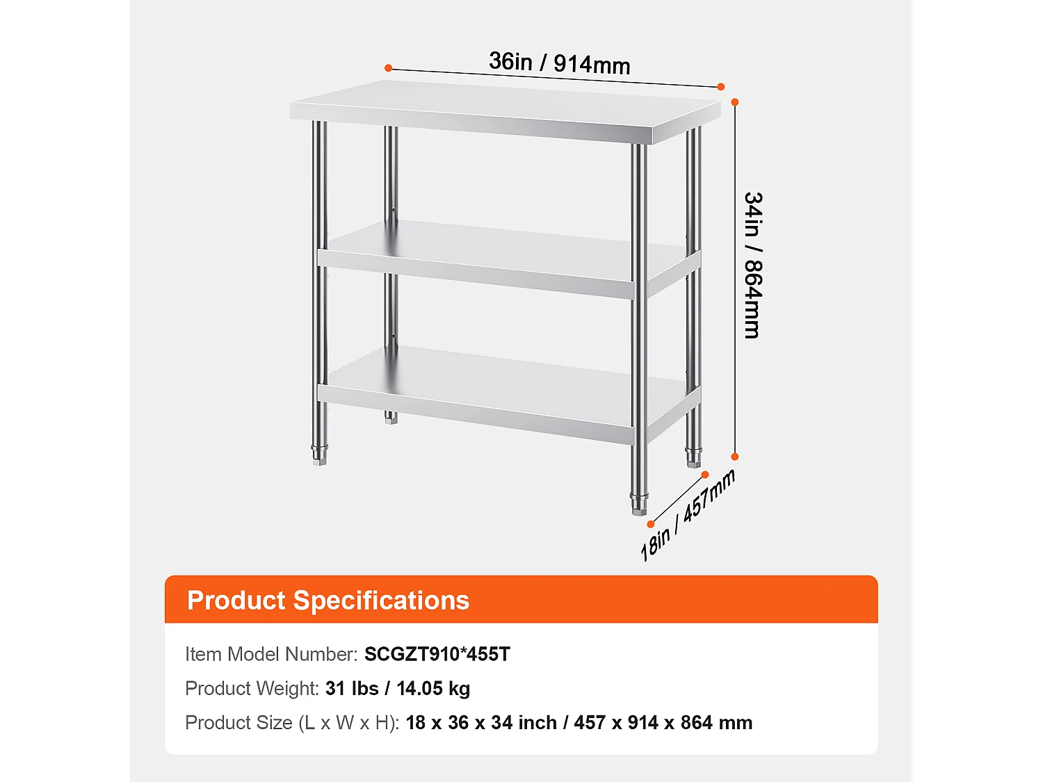Tavolo da Lavoro SucceBuy Tavolo da Lavoro in Acciaio Inox 45.7 x 91.4 cm per Cucina, Tavolo da Lavoro Professionale