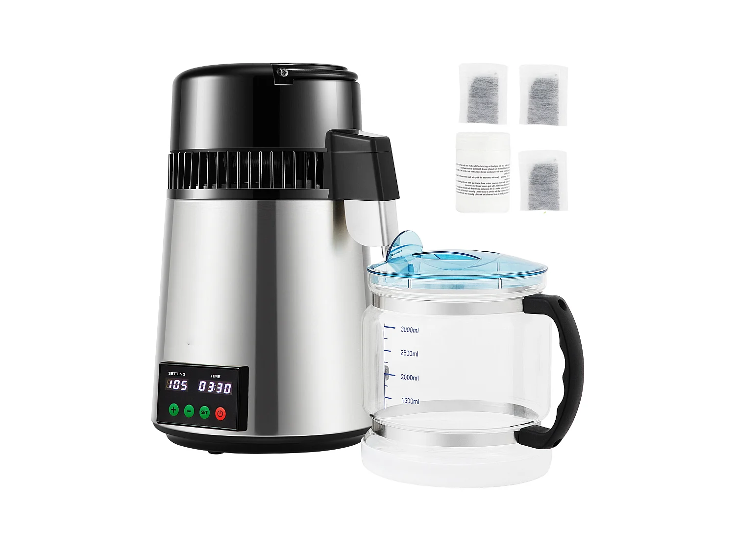 Distillateur d'eau domestique de 4 L SucceBuy, Machine à eau Distillée 1L/H avec Affichage de la Température, Solution de purification compacte, Argent