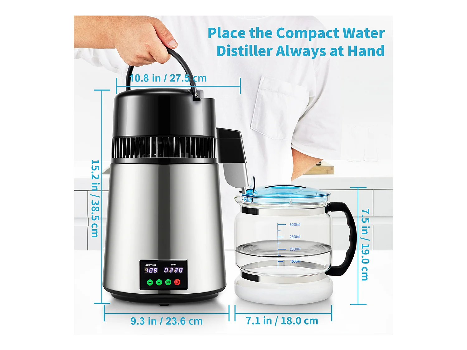 Distillateur d'eau domestique de 4 L SucceBuy, Machine à eau Distillée 1L/H avec Affichage de la Température, Solution de purification compacte, Argent