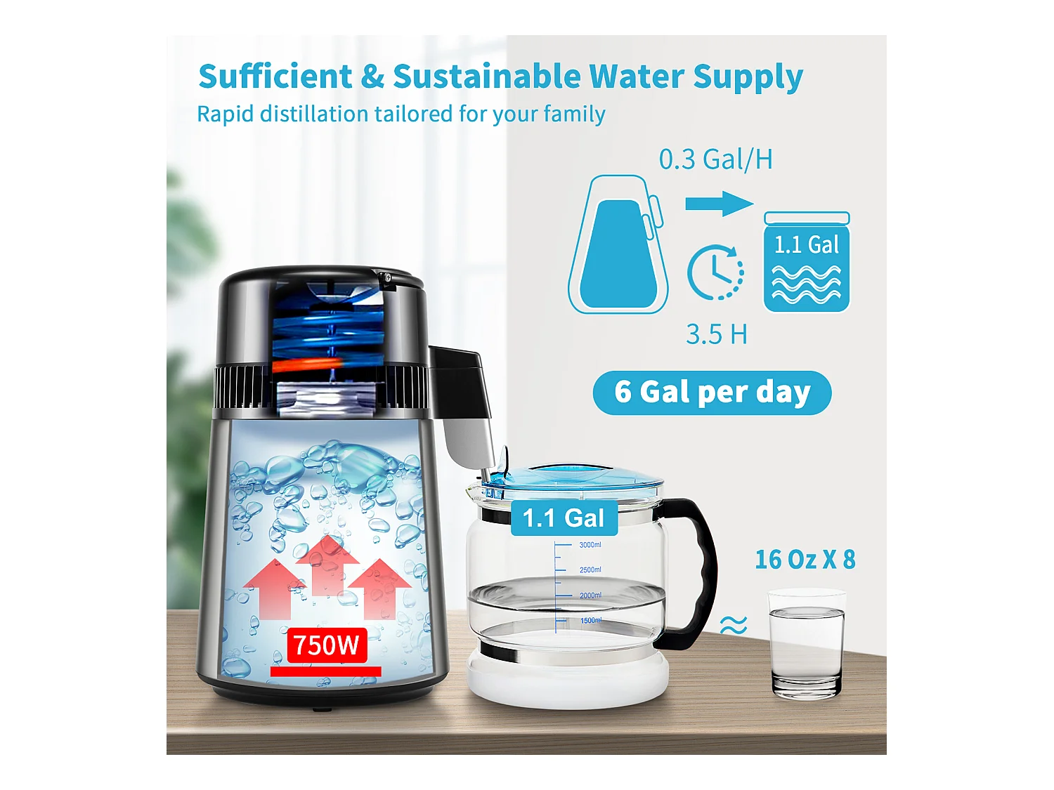 Distillateur d'eau domestique de 4 L SucceBuy, Machine à eau Distillée 1L/H avec Affichage de la Température, Solution de purification compacte, Argent