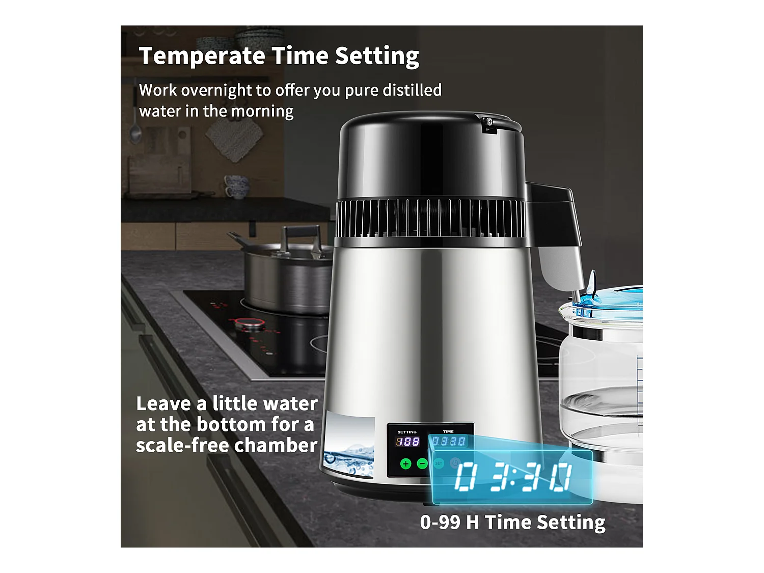 Distillateur d'eau domestique de 4 L SucceBuy, Machine à eau Distillée 1L/H avec Affichage de la Température, Solution de purification compacte, Argent