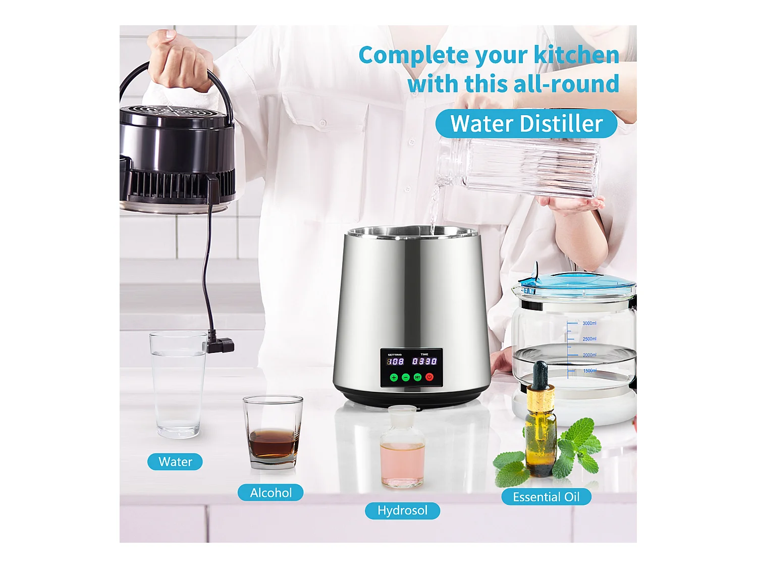 Distillateur d'eau domestique de 4 L SucceBuy, Machine à eau Distillée 1L/H avec Affichage de la Température, Solution de purification compacte, Argent