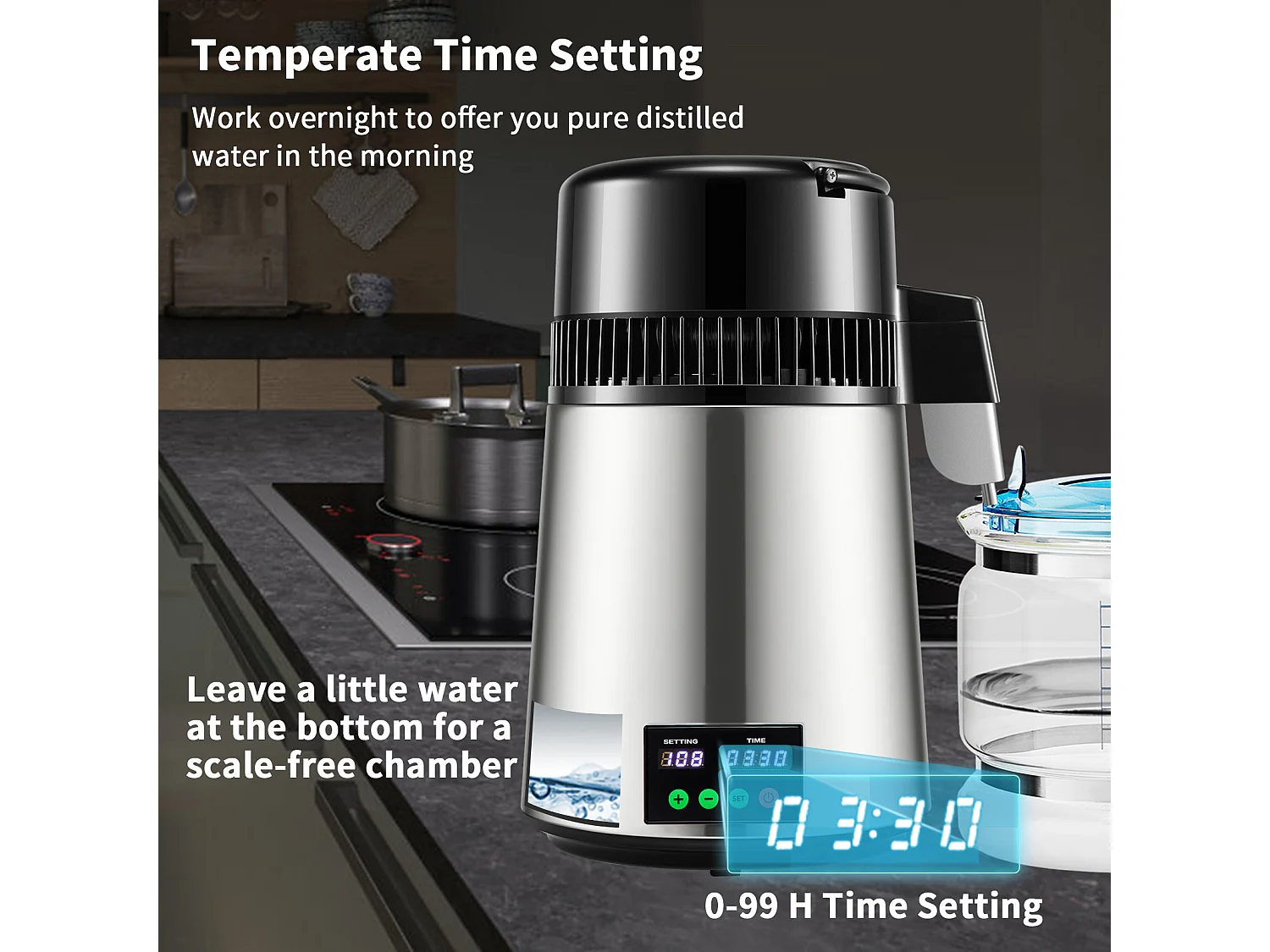 Distillateur d'eau domestique de 4 L SucceBuy, Machine à eau Distillée 1L/H avec Affichage de la Température, Solution de purification compacte, Argent