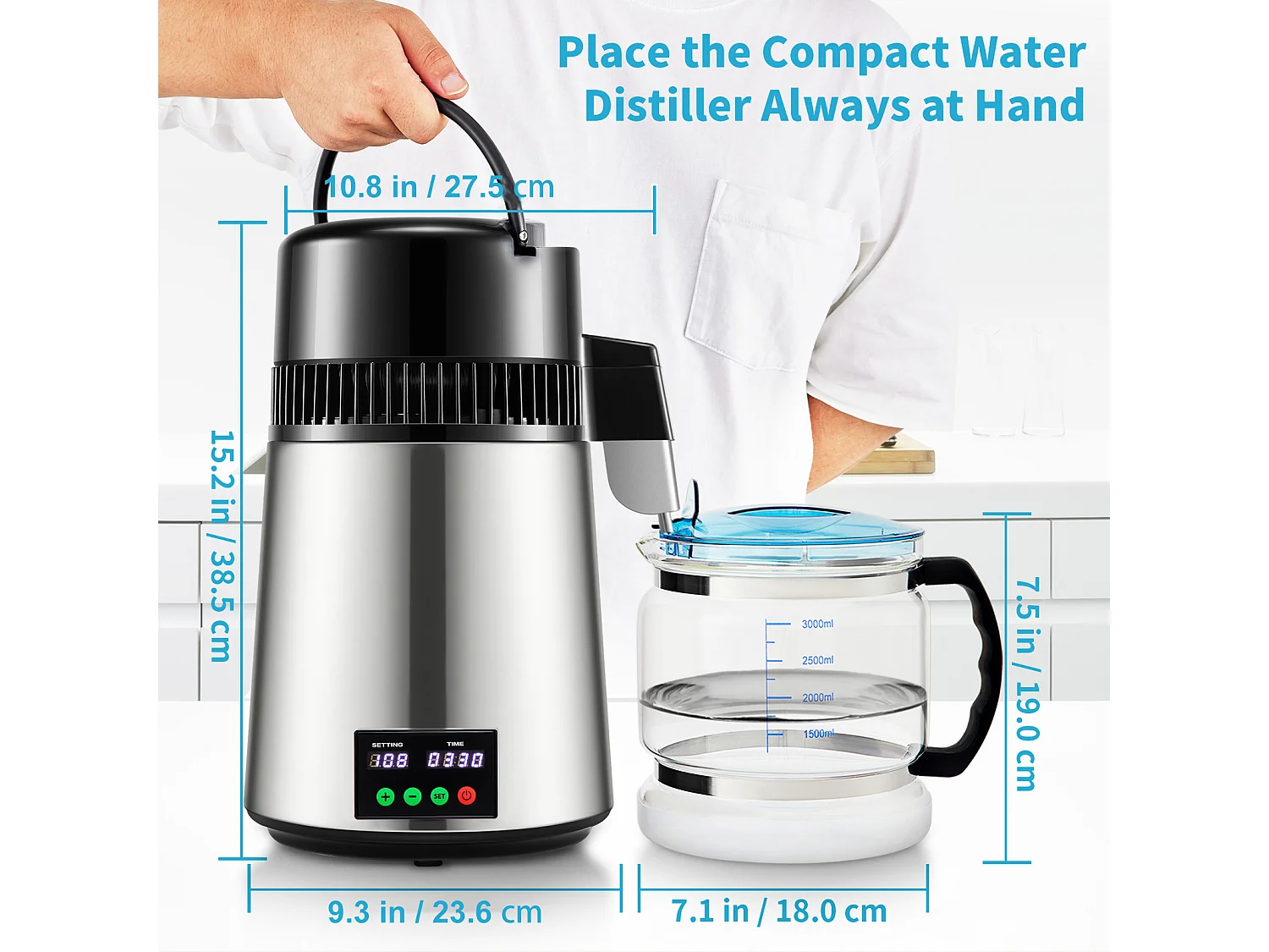 Distillateur d'eau domestique de 4 L SucceBuy, Machine à eau Distillée 1L/H avec Affichage de la Température, Solution de purification compacte, Argent