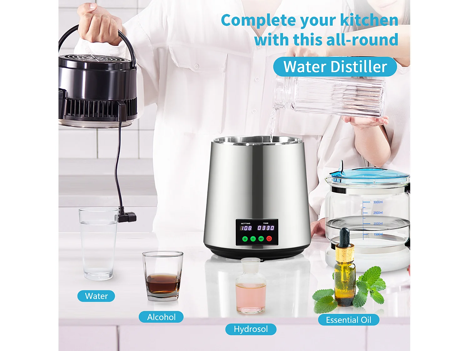 Distillateur d'eau domestique de 4 L SucceBuy, Machine à eau Distillée 1L/H avec Affichage de la Température, Solution de purification compacte, Argent