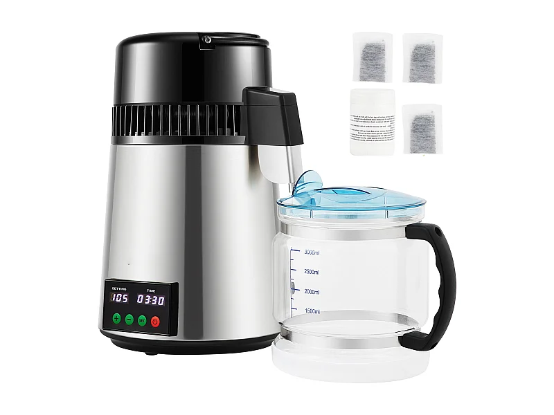 Distillateur d'eau domestique de 4 L SucceBuy, Machine à eau Distillée 1L/H avec Affichage de la Température, Solution de purification compacte, Argent