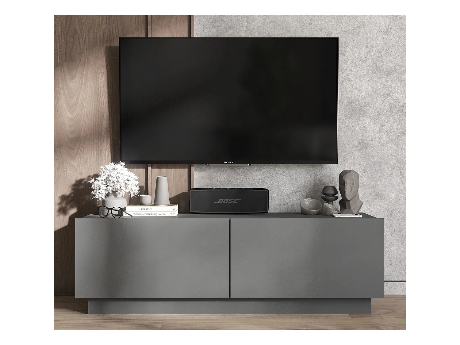 Meuble TV avec 2 portes - corps Graphite mat, façades Graphite mat - 120 cm, sur socle
