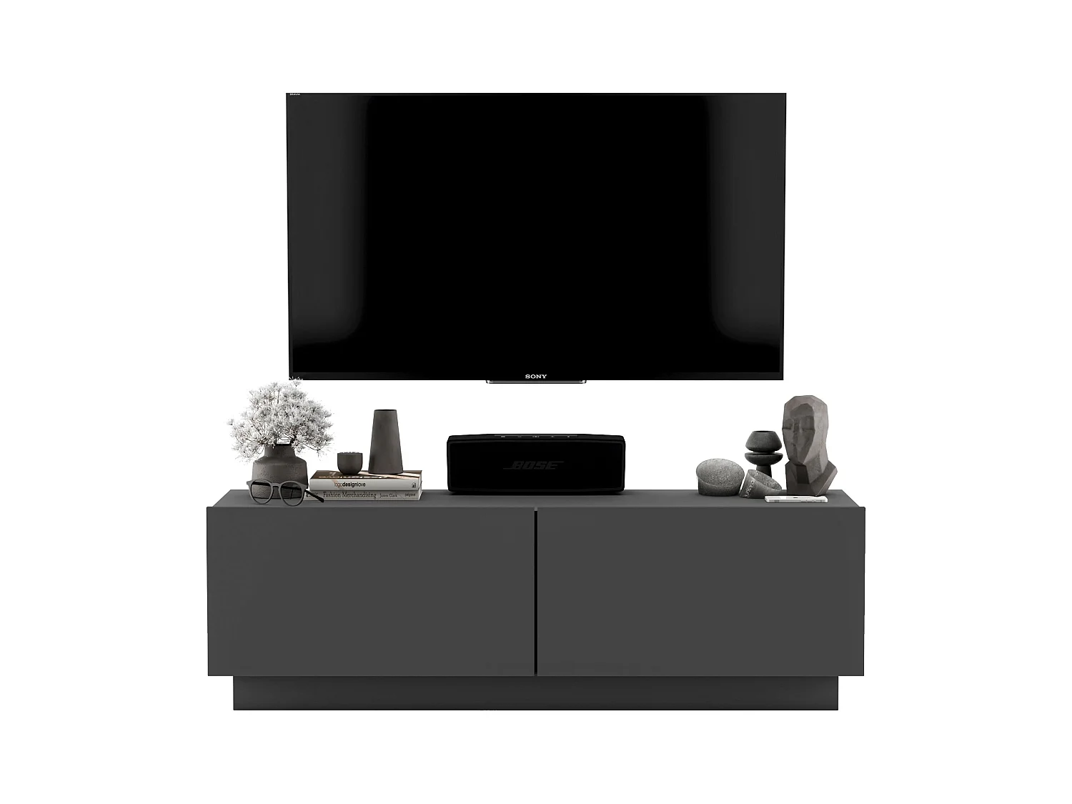 Meuble TV avec 2 portes - corps Graphite mat, façades Graphite mat - 120 cm, sur socle