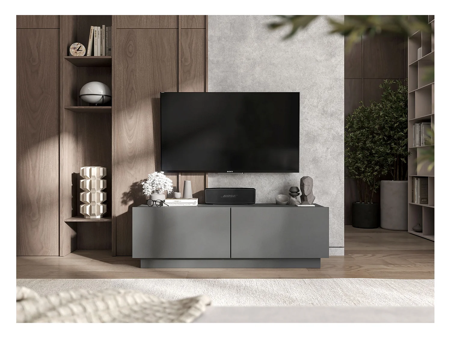 Meuble TV avec 2 portes - corps Graphite mat, façades Graphite mat - 120 cm, sur socle