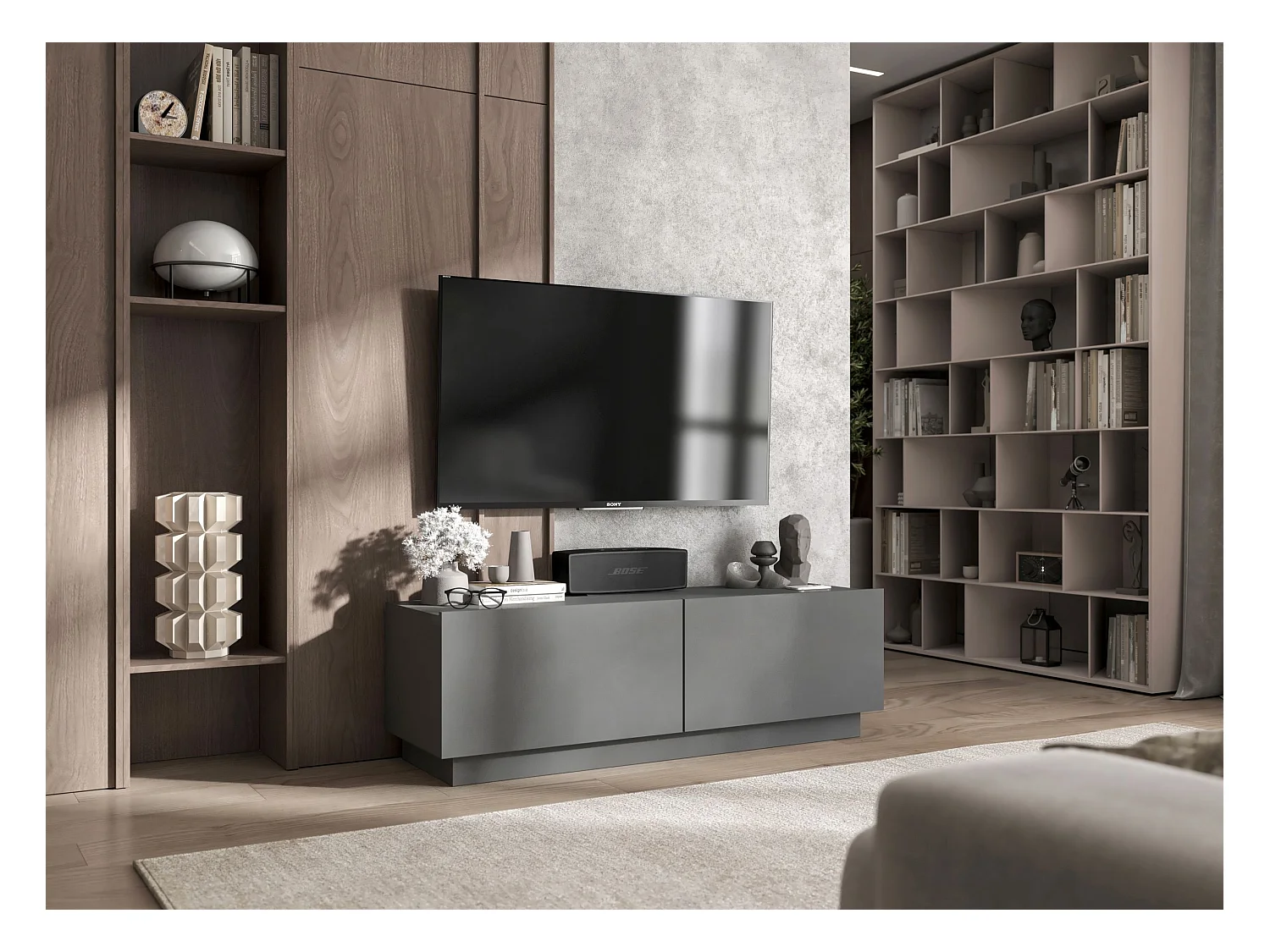 Meuble TV avec 2 portes - corps Graphite mat, façades Graphite mat - 120 cm, sur socle