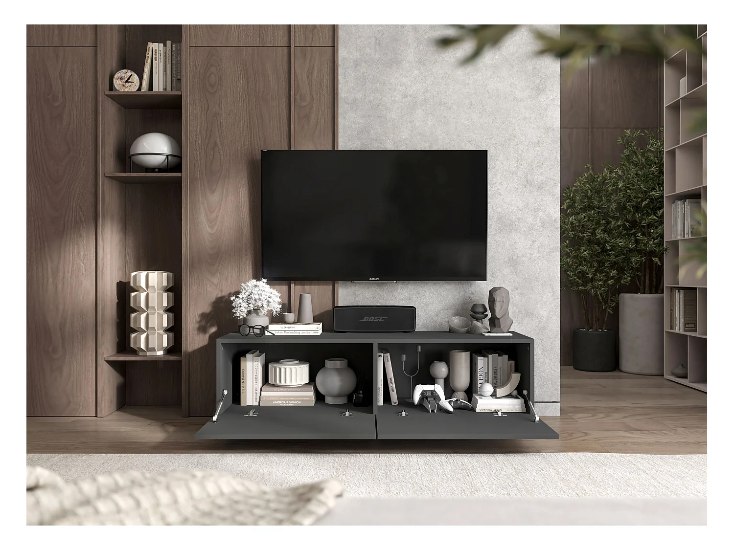 Meuble TV avec 2 portes - corps Graphite mat, façades Graphite mat - 120 cm, sur socle