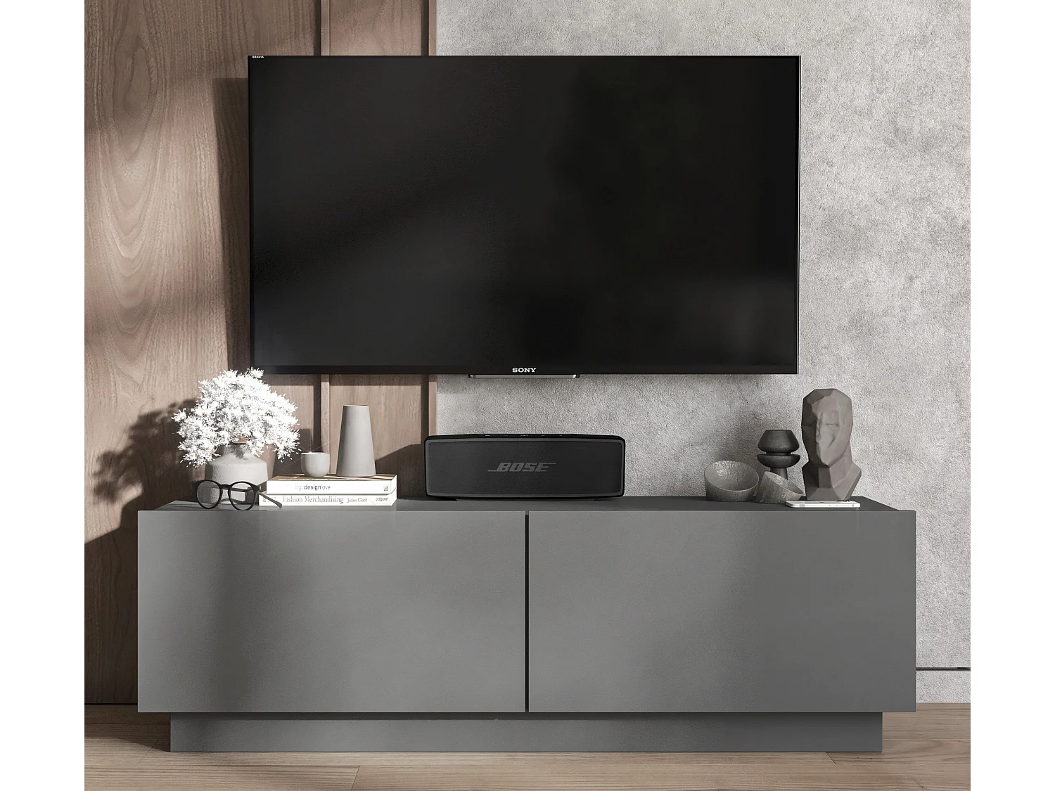 Meuble TV avec 2 portes - corps Graphite mat, façades Graphite mat - 120 cm, sur socle