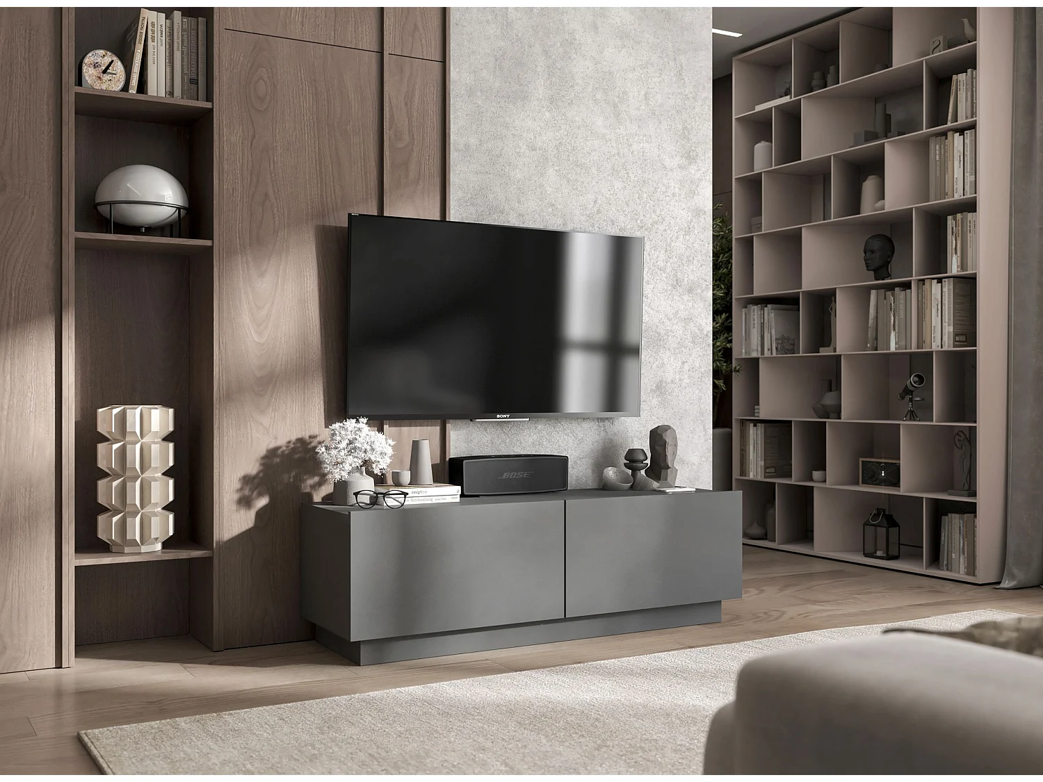 Meuble TV avec 2 portes - corps Graphite mat, façades Graphite mat - 120 cm, sur socle