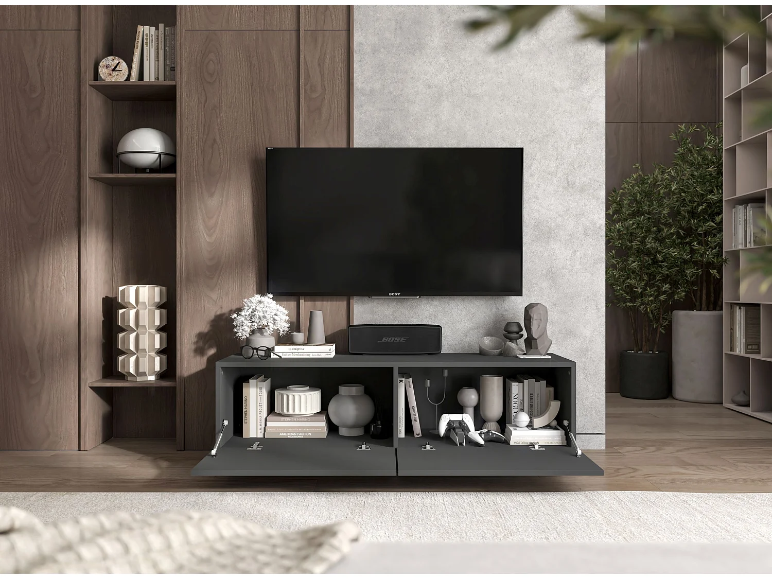 Meuble TV avec 2 portes - corps Graphite mat, façades Graphite mat - 120 cm, sur socle