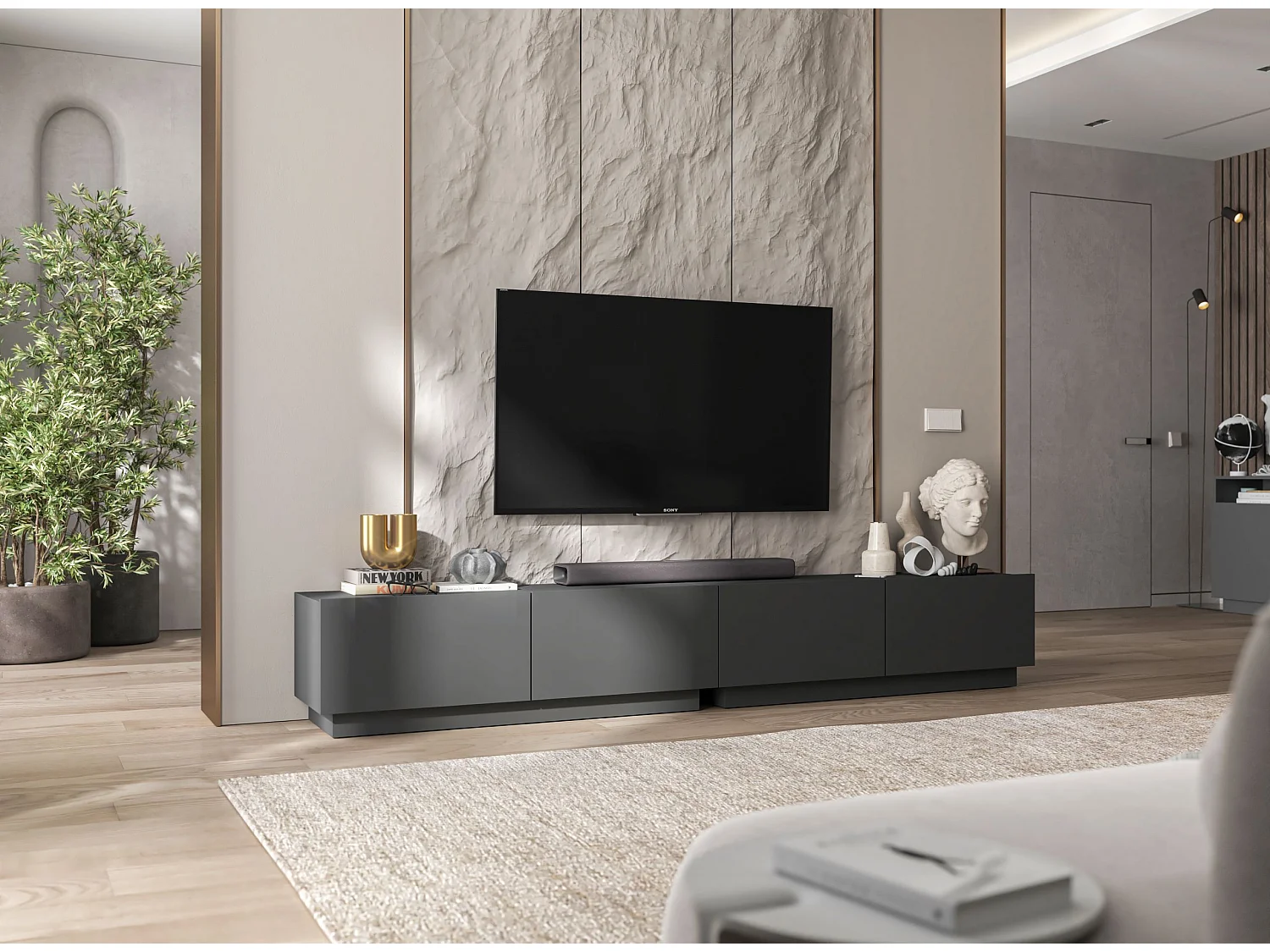 Meuble TV avec 2 portes - corps Graphite mat, façades Graphite mat - 120 cm, sur socle