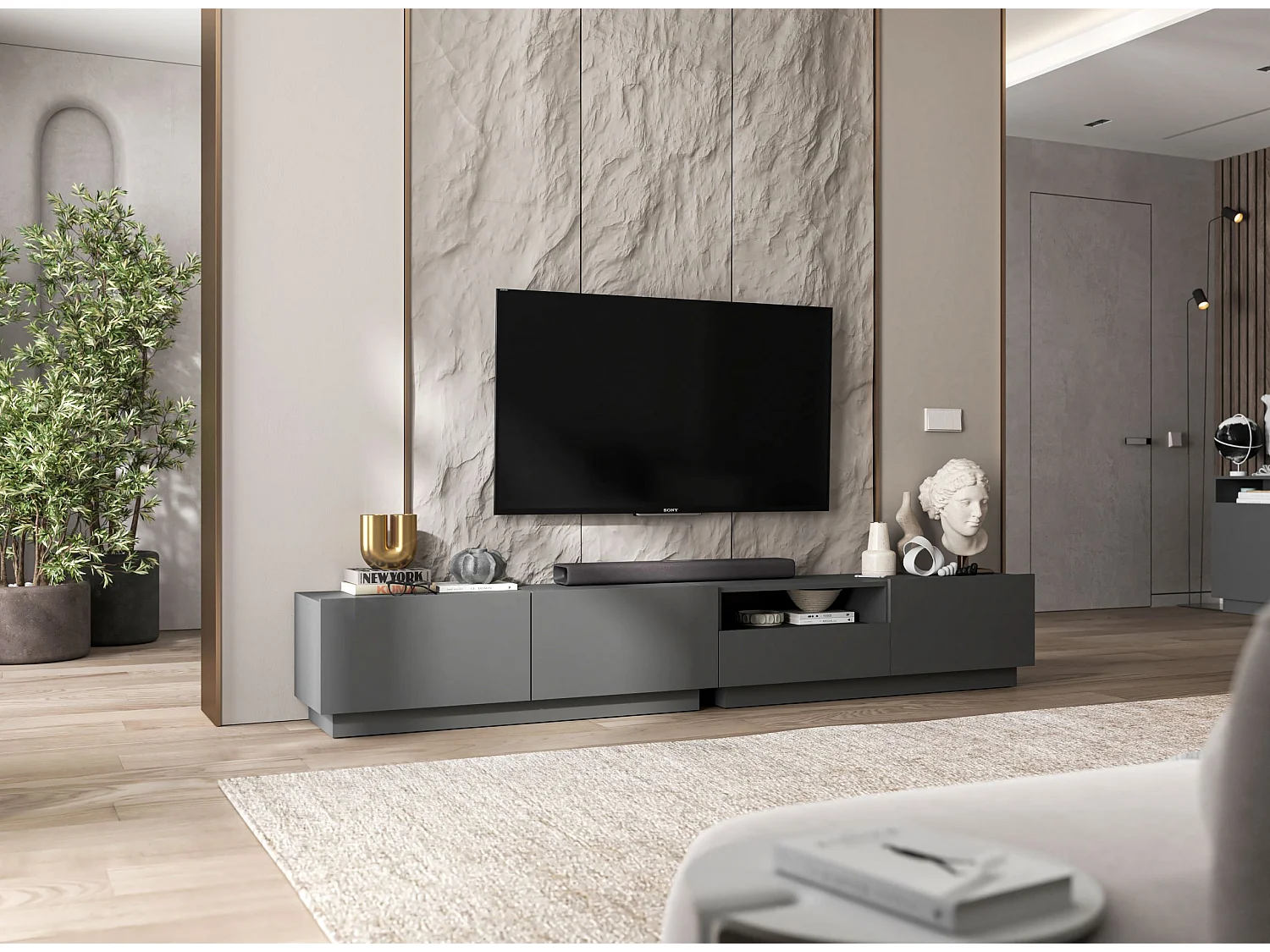 Meuble TV avec 2 portes - corps Graphite mat, façades Graphite mat - 120 cm, sur socle