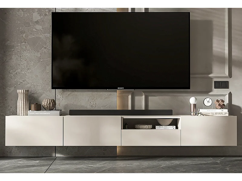 Meuble TV suspendu avec 3 portes et niche, tiroir - corps Cachemire mat, façades Cachemire mat - 240 cm