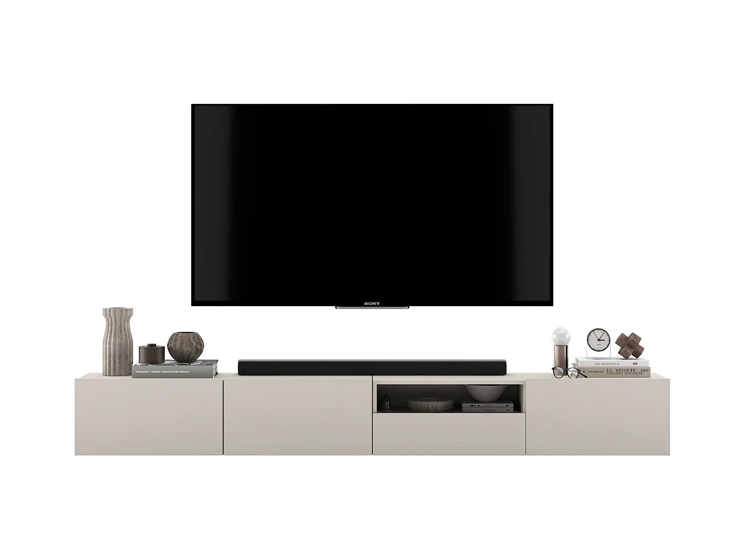 Meuble TV suspendu avec 3 portes et niche, tiroir - corps Cachemire mat, façades Cachemire mat - 240 cm