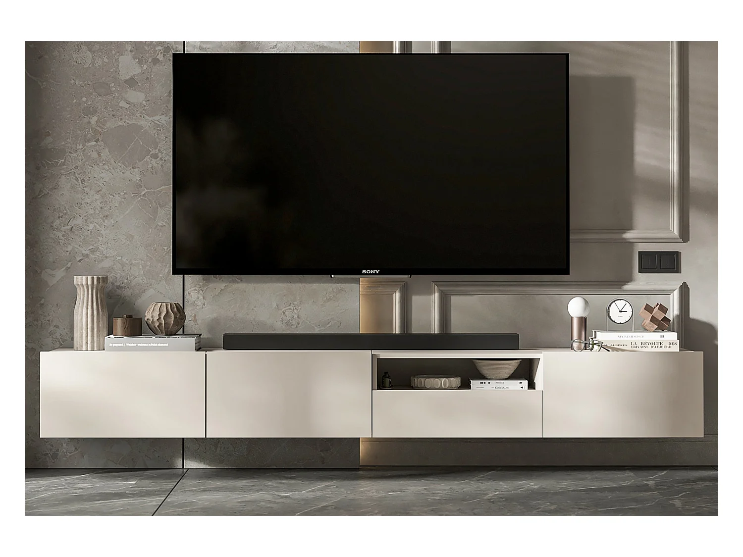 Meuble TV suspendu avec 3 portes et niche, tiroir - corps Cachemire mat, façades Cachemire mat - 240 cm