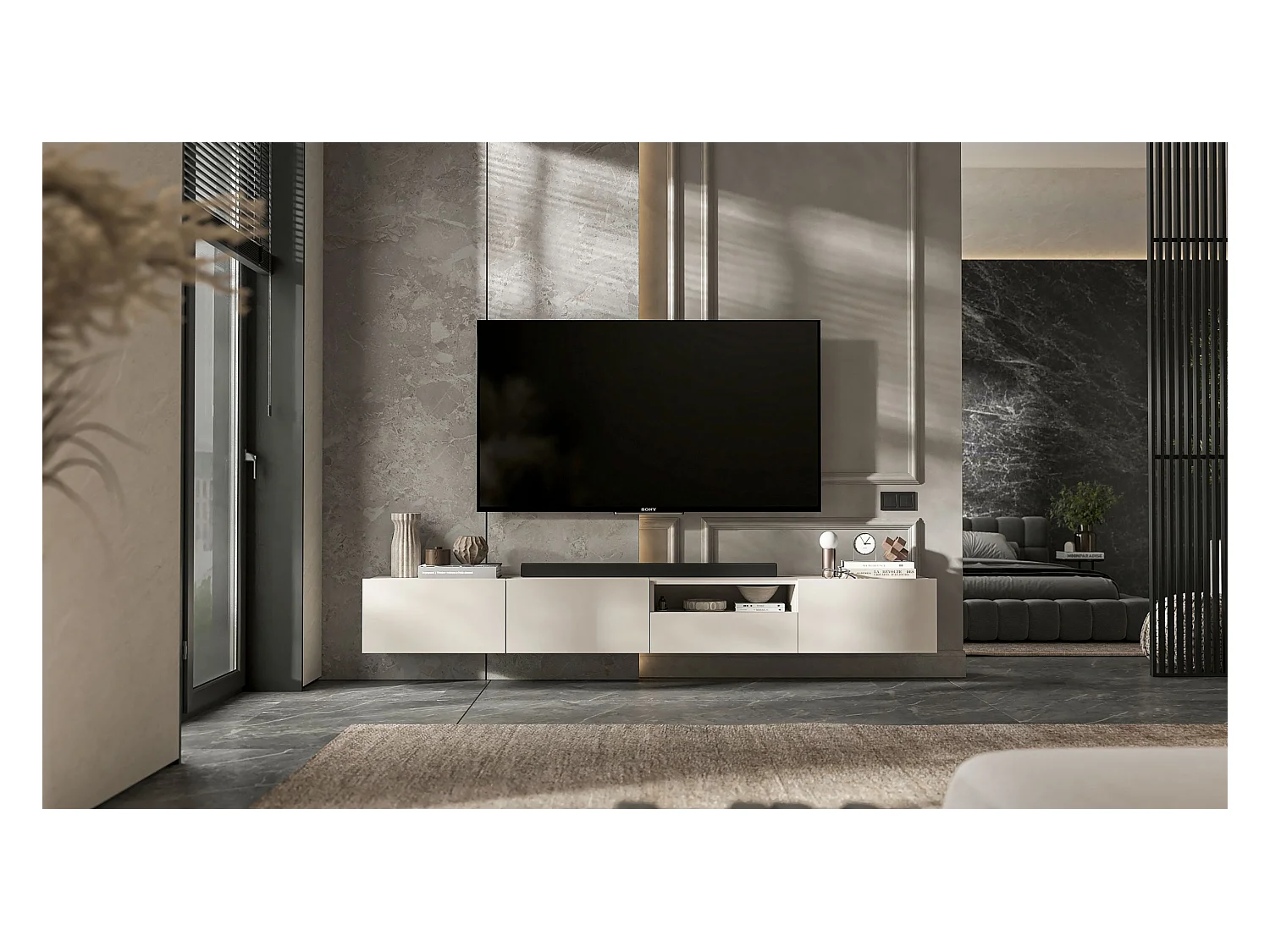 Meuble TV suspendu avec 3 portes et niche, tiroir - corps Cachemire mat, façades Cachemire mat - 240 cm