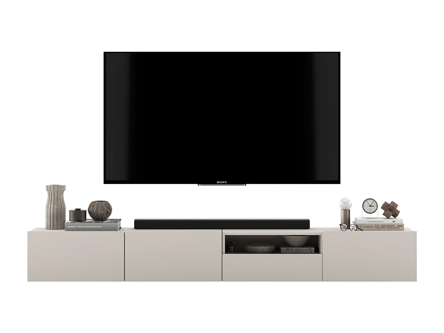 Meuble TV suspendu avec 3 portes et niche, tiroir - corps Cachemire mat, façades Cachemire mat - 240 cm