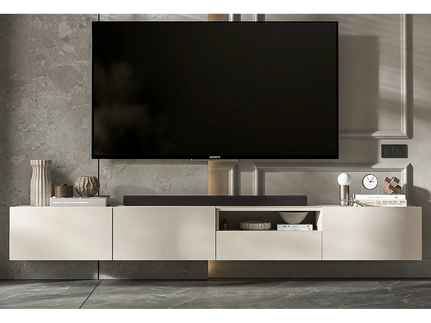 Meuble TV suspendu avec 3 portes et niche, tiroir - corps Cachemire mat, façades Cachemire mat - 240 cm