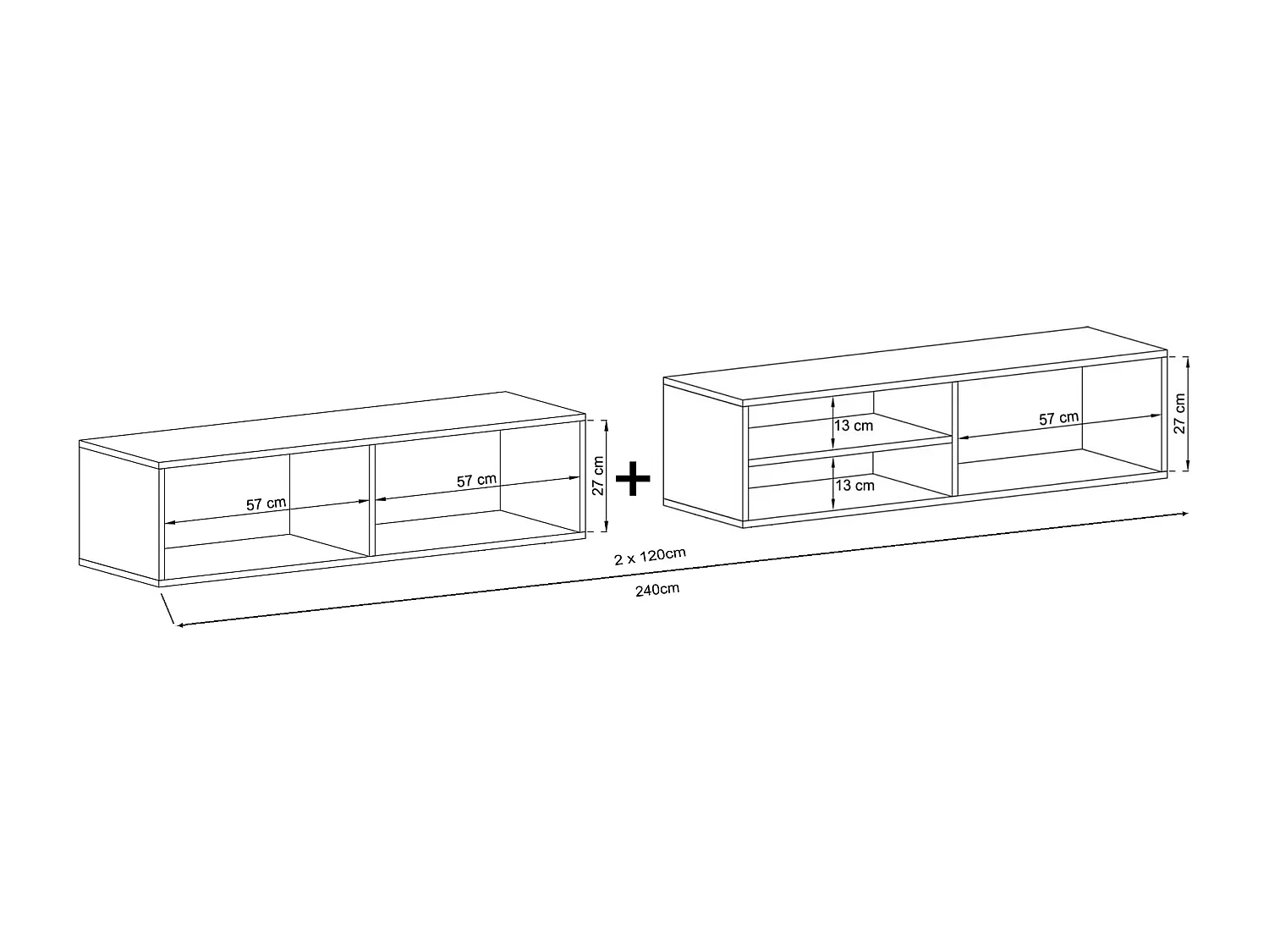 Meuble TV suspendu avec 3 portes et niche, tiroir - corps Cachemire mat, façades Cachemire mat - 240 cm
