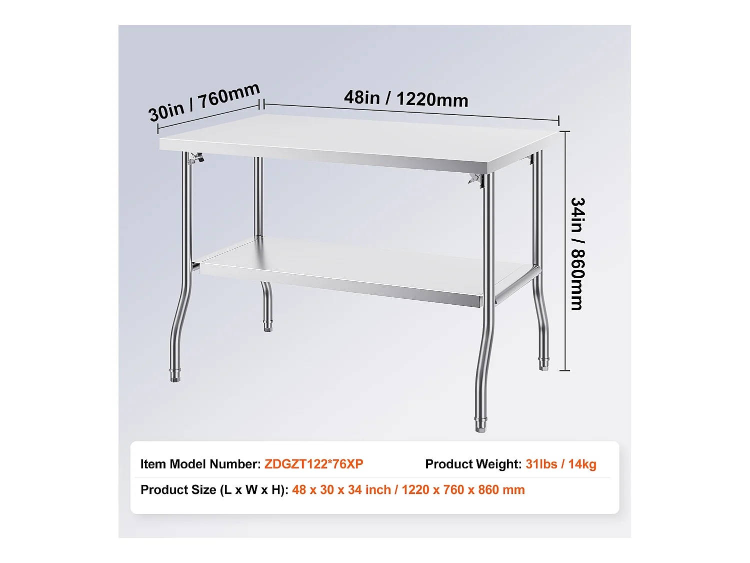 Mesa de Trabalho Cozinha SucceBuy, 122 x 76,2 cm, Mesa de Preparação Comercial Plegável, para Cozinha em Casa, Restaurante, Garagem