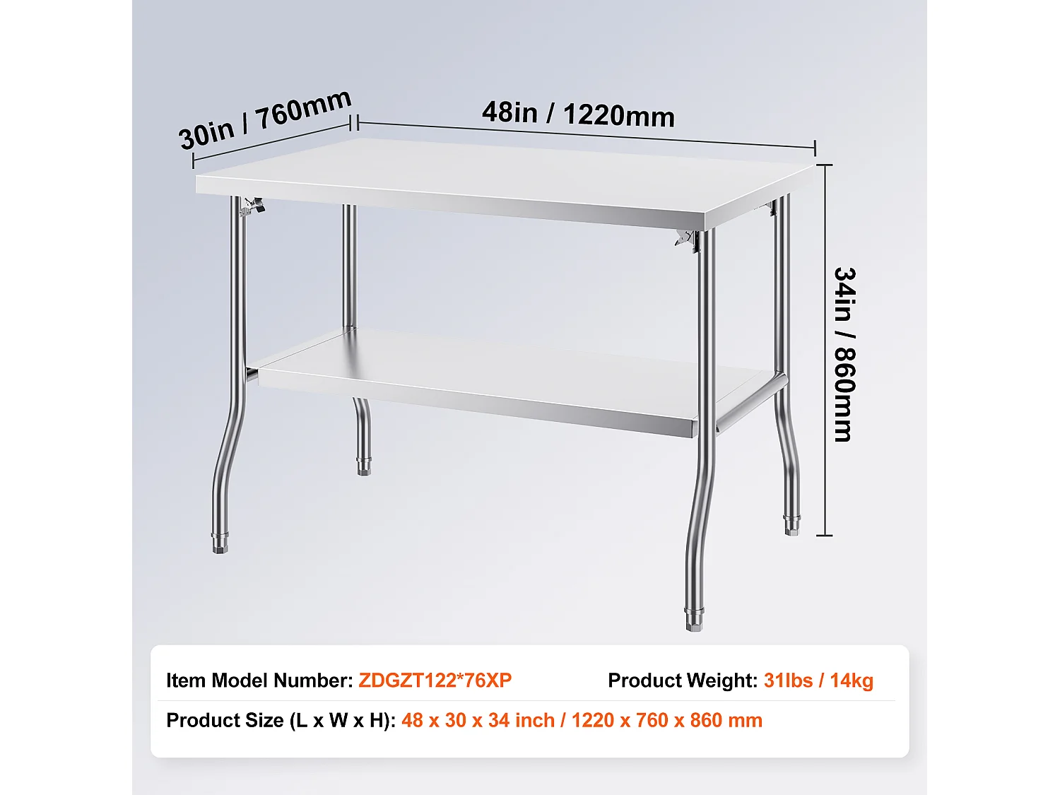 Table de Travail Cuisine SucceBuy, 122 x 76,2 cm, Table de Préparation Commerciale Pliante, pour Cuisine à Domicile, Restaurant, Garage