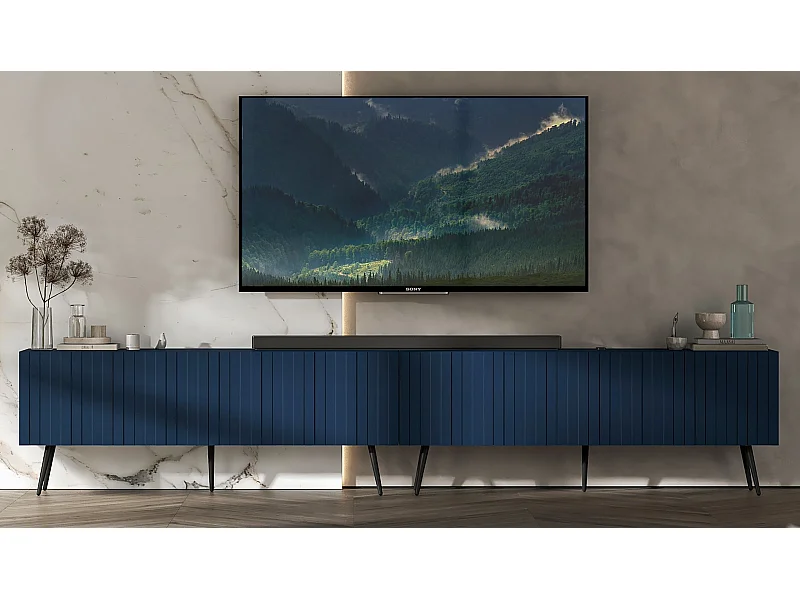 Meuble TV avec 8 portes - Corps bleu marine mat, façades rainurées bleu marine mat - 300 cm, pieds noirs