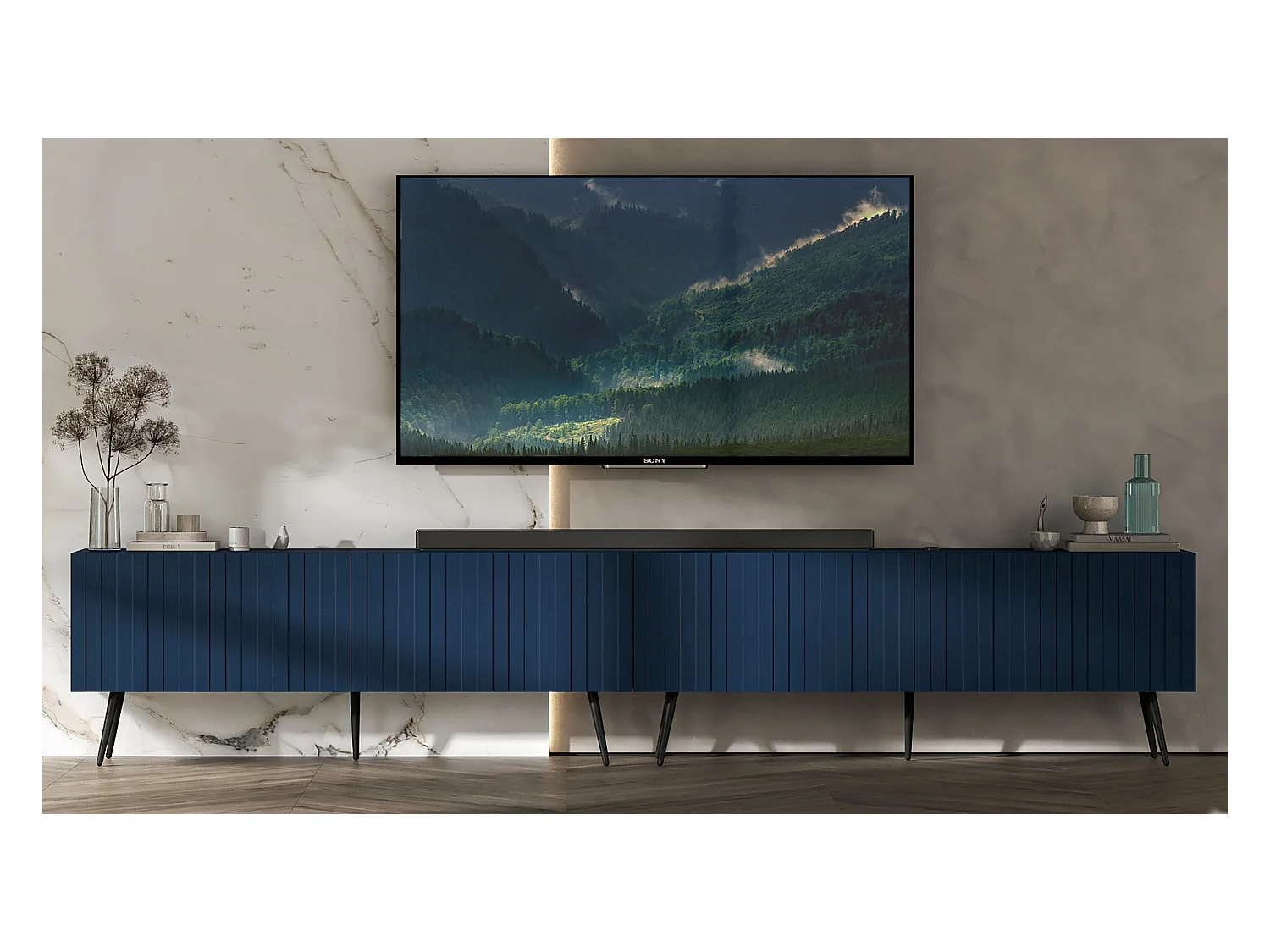 Meuble TV avec 8 portes - Corps bleu marine mat, façades rainurées bleu marine mat - 300 cm, pieds noirs