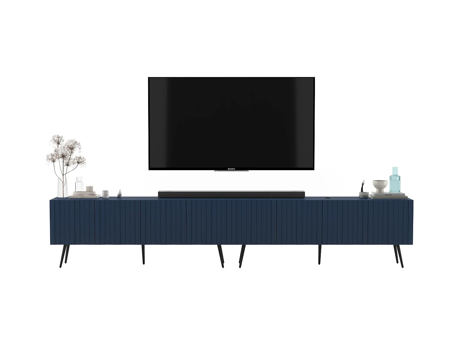 Meuble TV avec 8 portes - Corps bleu marine mat, façades rainurées bleu marine mat - 300 cm, pieds noirs