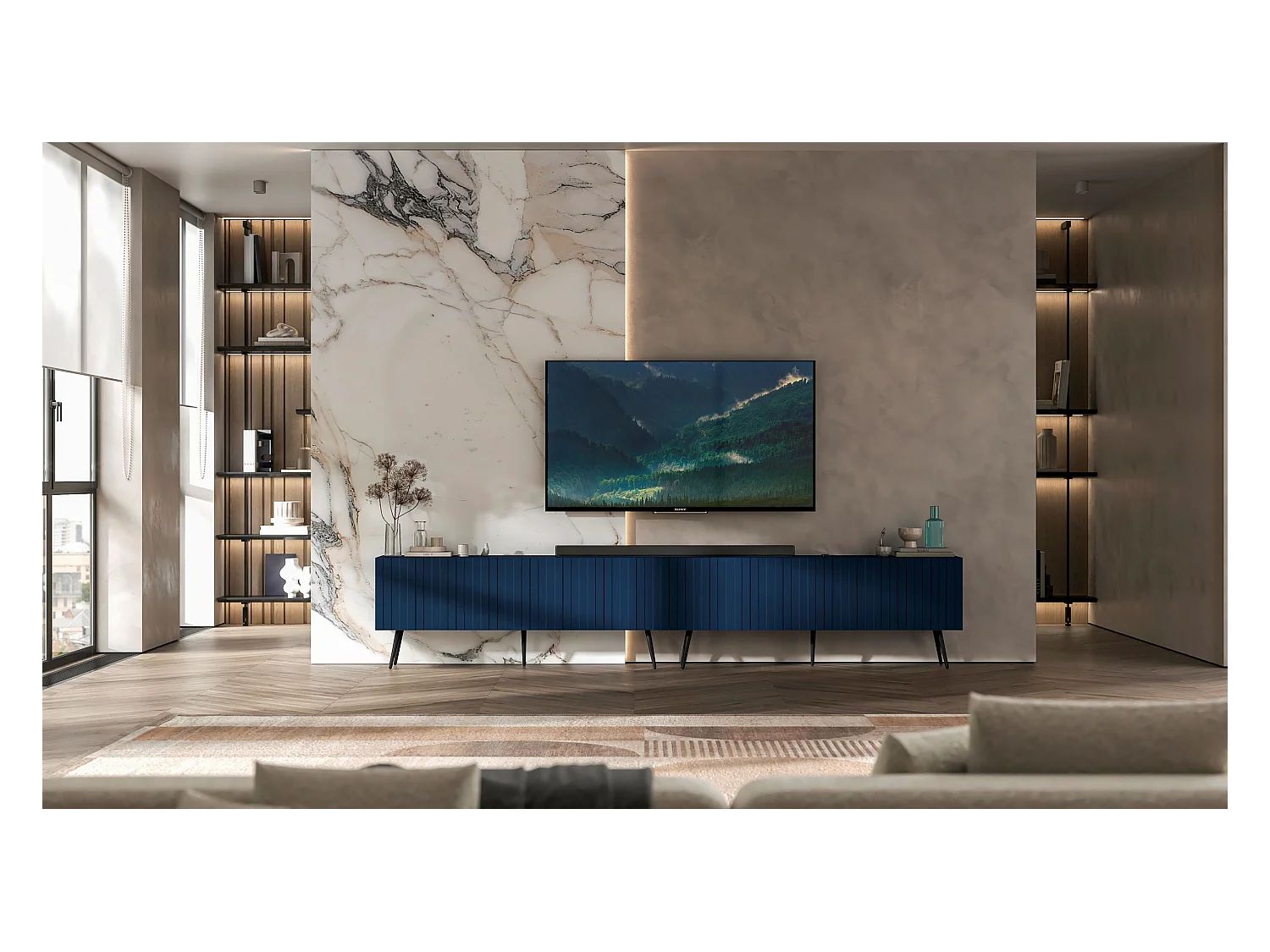 Meuble TV avec 8 portes - Corps bleu marine mat, façades rainurées bleu marine mat - 300 cm, pieds noirs