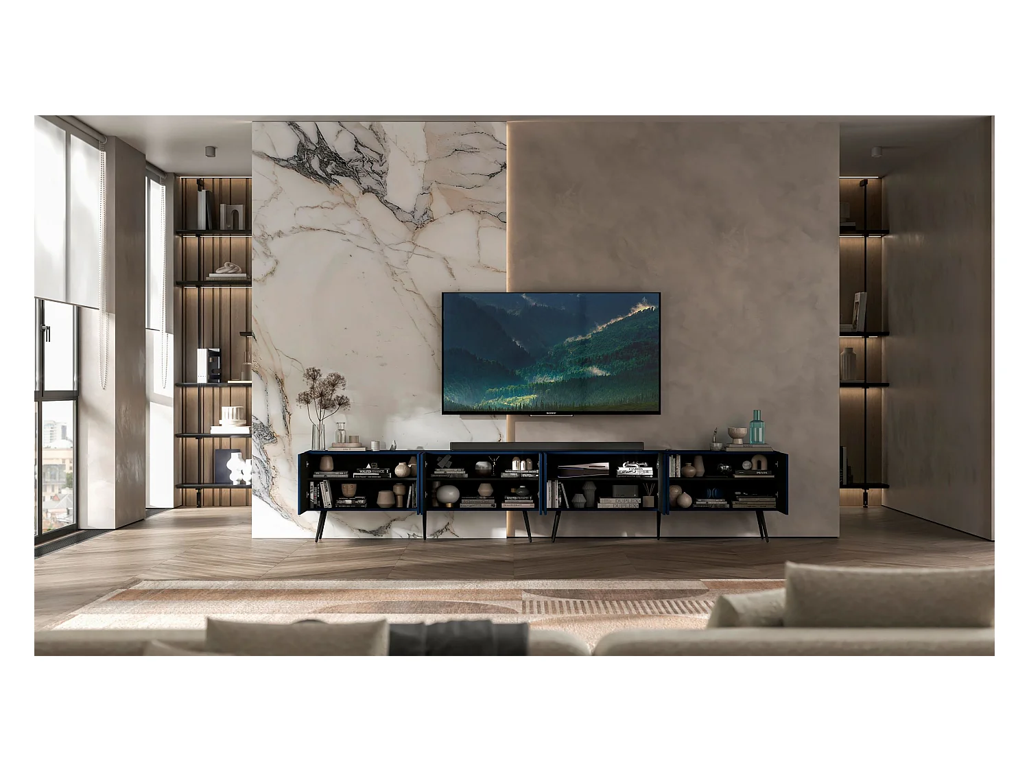 Meuble TV avec 8 portes - Corps bleu marine mat, façades rainurées bleu marine mat - 300 cm, pieds noirs