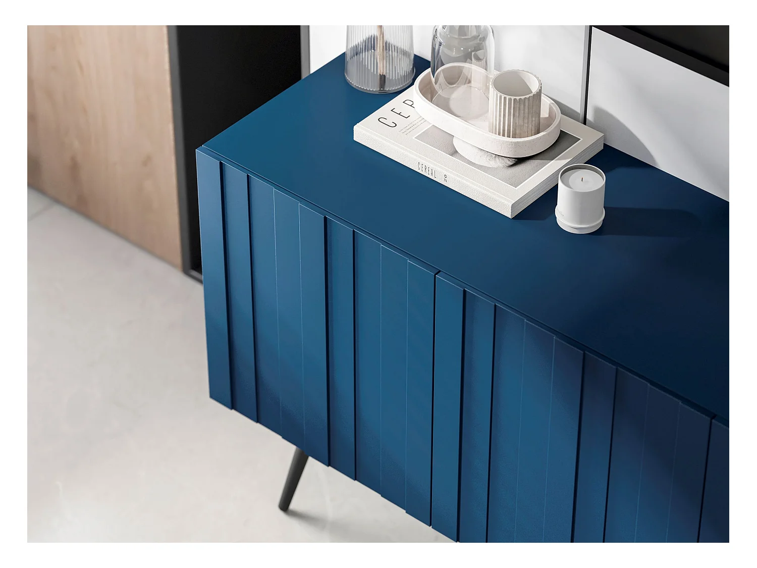 Meuble TV avec 8 portes - Corps bleu marine mat, façades rainurées bleu marine mat - 300 cm, pieds noirs