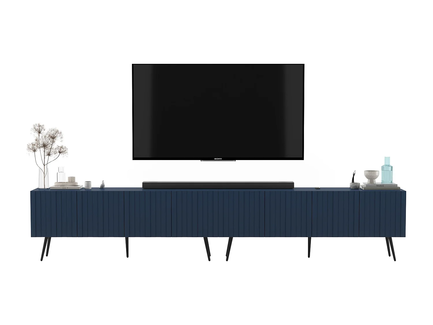 Meuble TV avec 8 portes - Corps bleu marine mat, façades rainurées bleu marine mat - 300 cm, pieds noirs