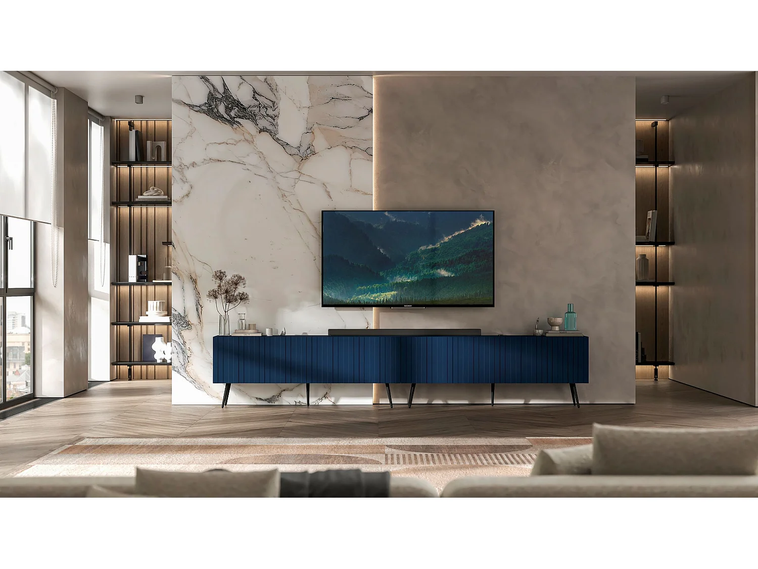 Meuble TV avec 8 portes - Corps bleu marine mat, façades rainurées bleu marine mat - 300 cm, pieds noirs