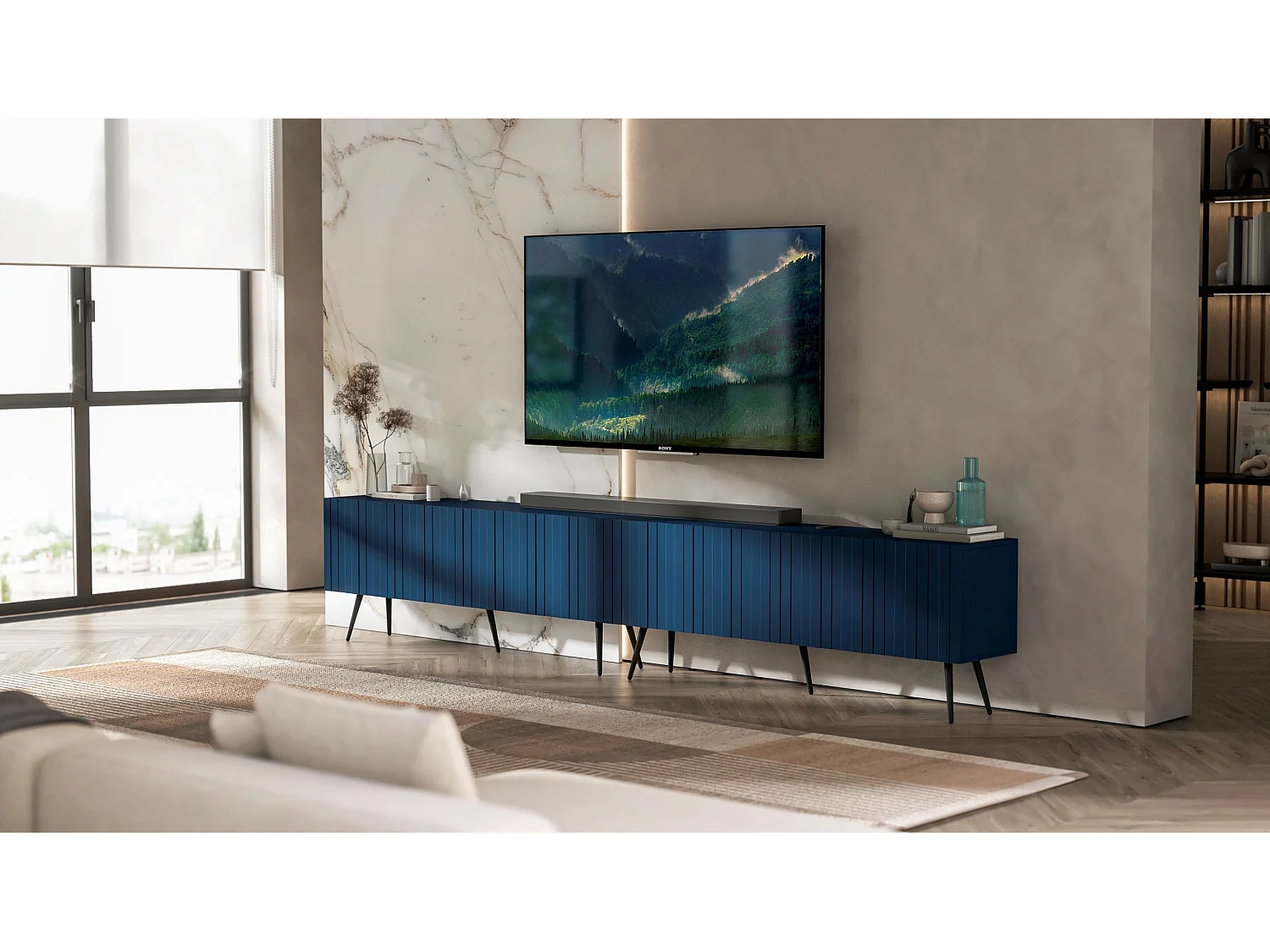 Meuble TV avec 8 portes - Corps bleu marine mat, façades rainurées bleu marine mat - 300 cm, pieds noirs