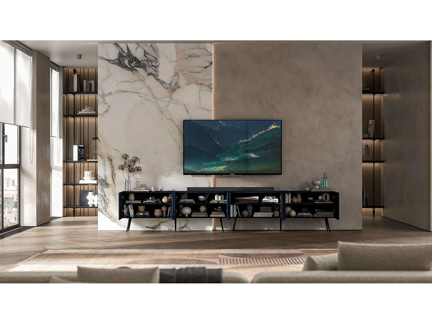 Meuble TV avec 8 portes - Corps bleu marine mat, façades rainurées bleu marine mat - 300 cm, pieds noirs