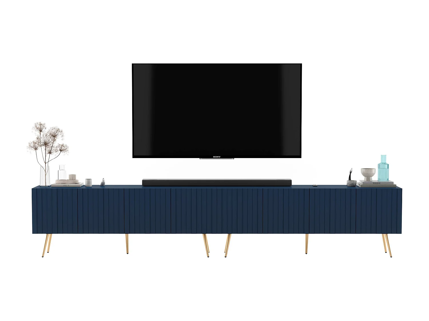 Meuble TV avec 8 portes - Corps bleu marine mat, façades rainurées bleu marine mat - 300 cm, pieds noirs