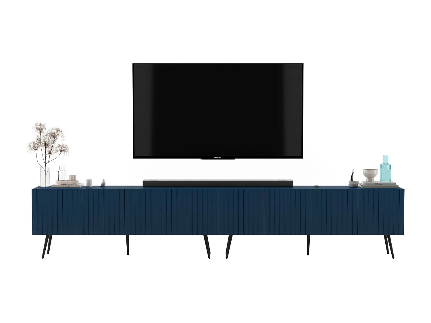 TV-meubel met 8 deuren - Romp marineblauw mat, geribbelde fronten marineblauw mat - 300 cm, zwarte poten