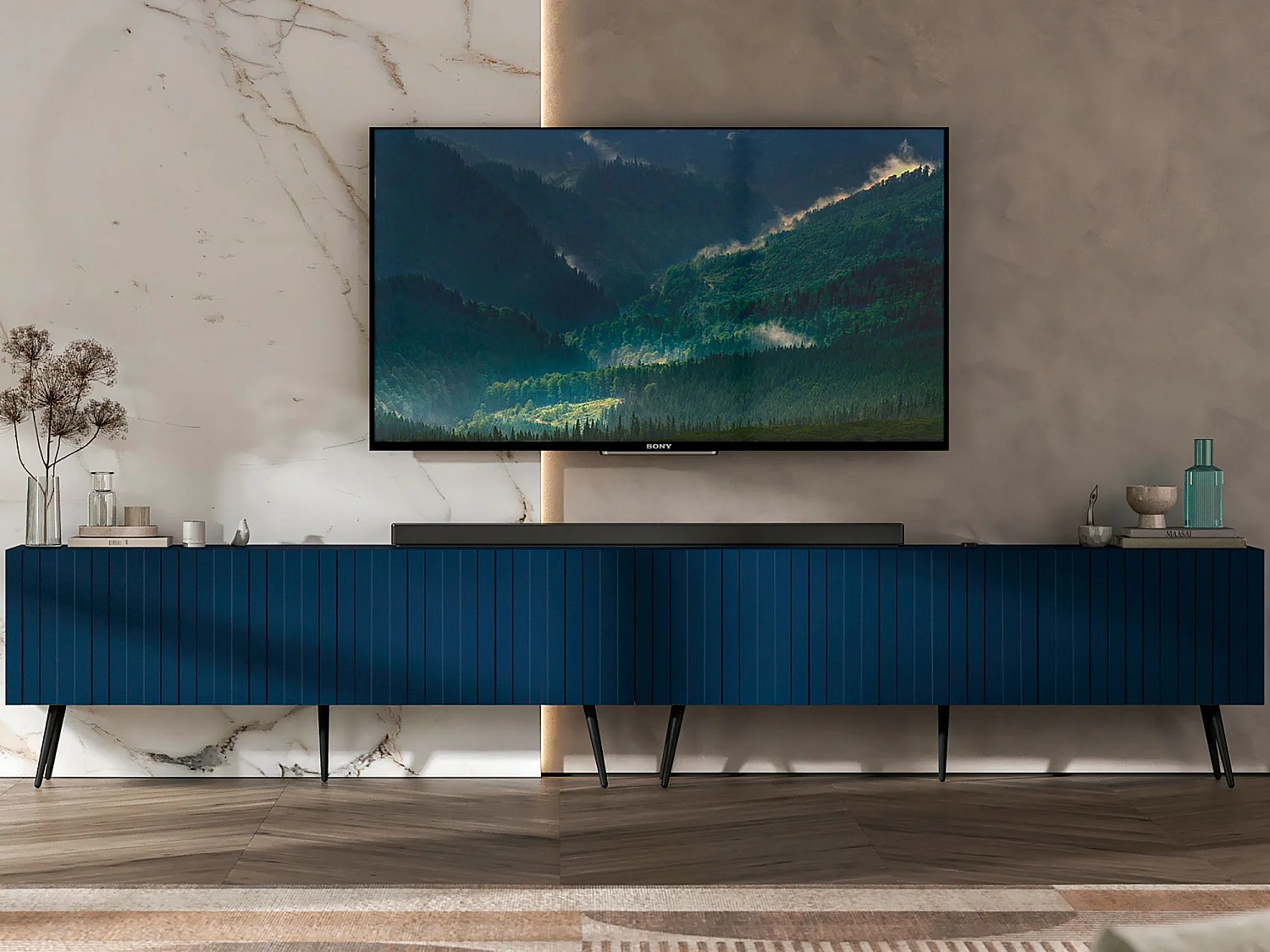 TV-meubel met 8 deuren - Romp marineblauw mat, geribbelde fronten marineblauw mat - 300 cm, zwarte poten